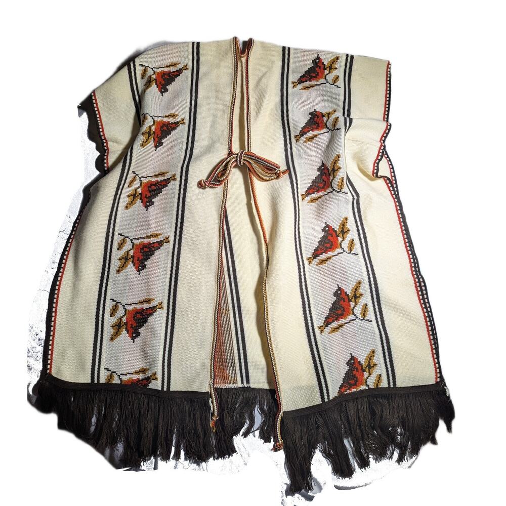 Vtg 1970s Ivory Brown Bird Patterned Knit Tie Front Fringe Trim Poncho Sweater L